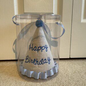 Birthday Party Hat - Boys - Blue and White Seersucker Stripe Fabric - EUC